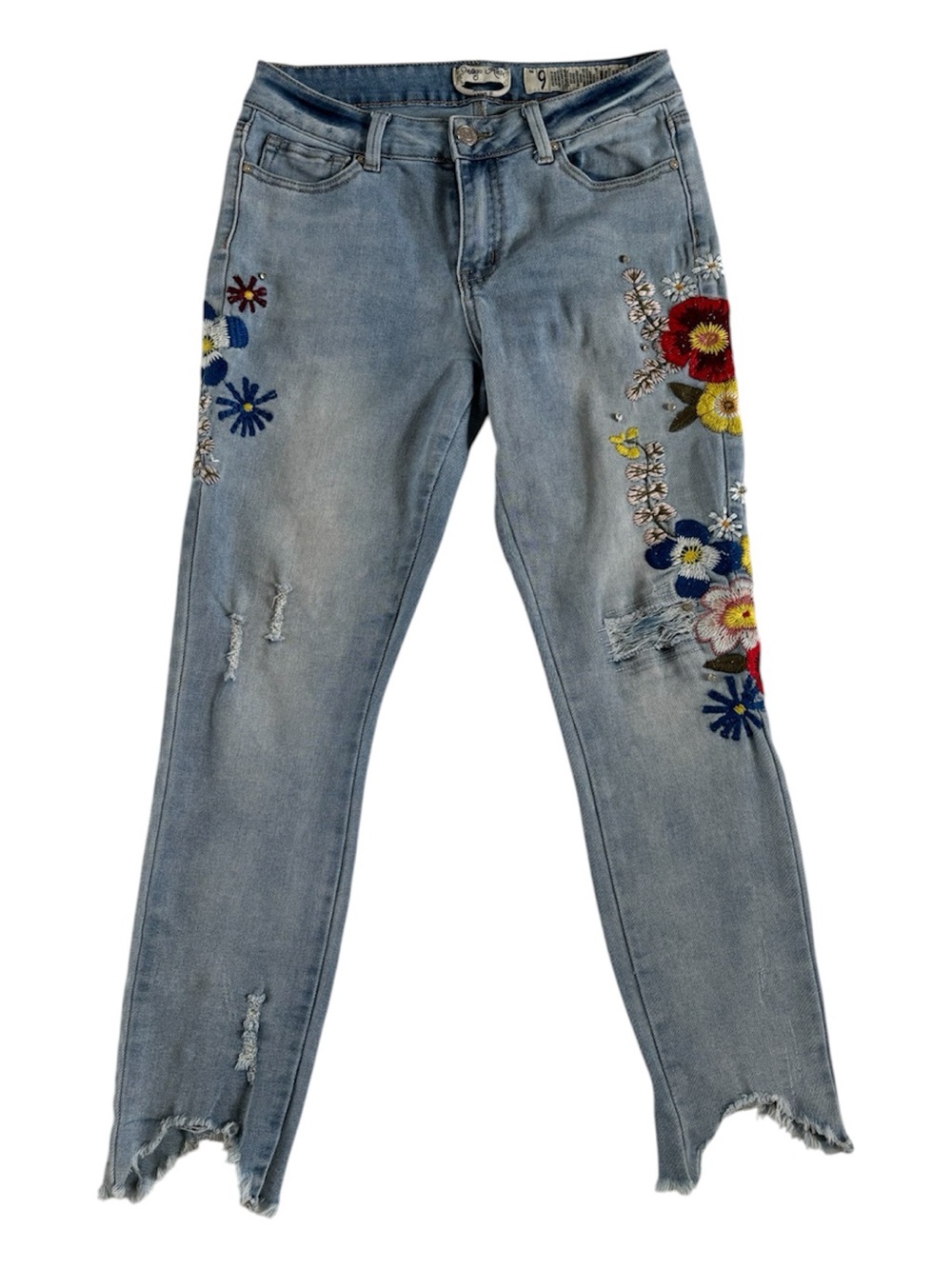 Indigo Rein Floral Boho Embroidered Cropped Ankle Jeans Size 9 Distressed Denim - Picture 2 of 15